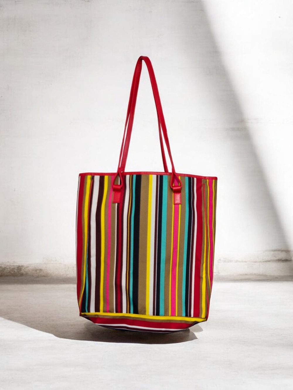 Bright Multicolor Stripe Tote with Red Handles